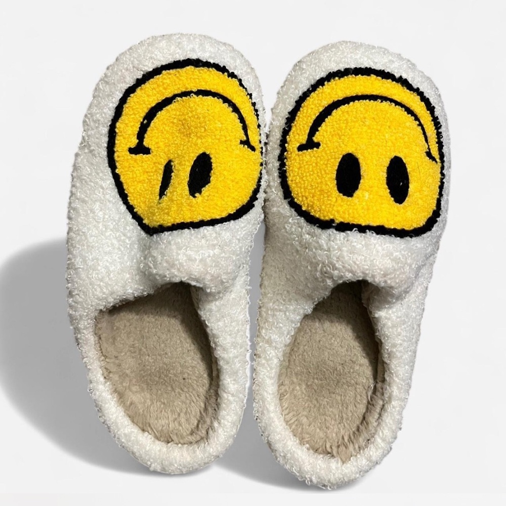 Cozy White Slippers with Yellow Smiley Face
